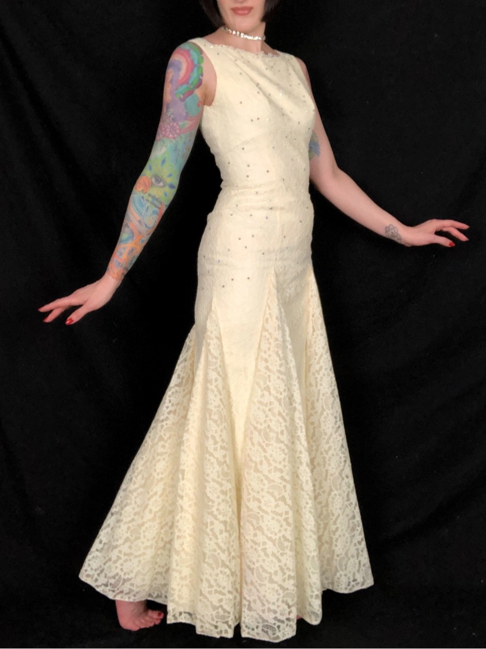 Vintage Early 1960's Ivory Lace Hourglass Rhinestone Mermaid Hem Gown Emma Domb